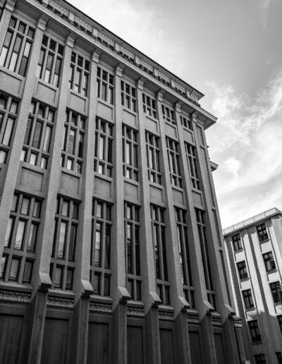 low-angle shot of a building featuring Art Deco architectural style in Bucharest, Romania.