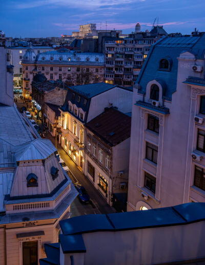 Twilight view of Bucharest, Romania, looking towards the Palace of the Parliament.