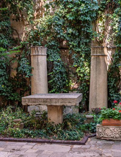 courtyard of the Stavropoleos Monastery, a historic Eastern Orthodox site in the Old Town of Bucharest, Romania