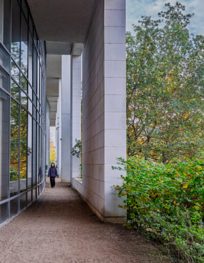 modern architectural covered walkway next to a glass-walled building and lush foliage