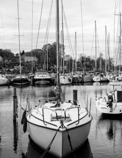 collection of sailing yachts and boats are securely moored at docks Roskilde Denmark